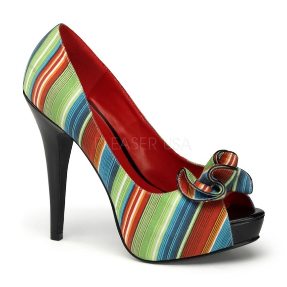 5" High Heels Pin Up Striped Open Peep Toe Shoes - Picture 1 of 4